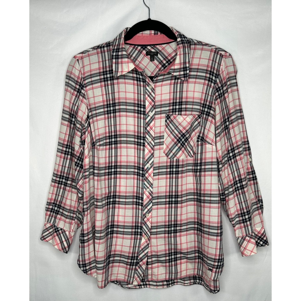 Talbots Woman Pink dark Navy Plaid Cotton Button Down Shirt Dragonfly Size 2X
